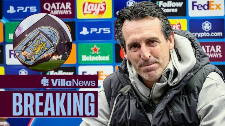 Unai Emery looking towards a circle inset of a flag at Villa Park