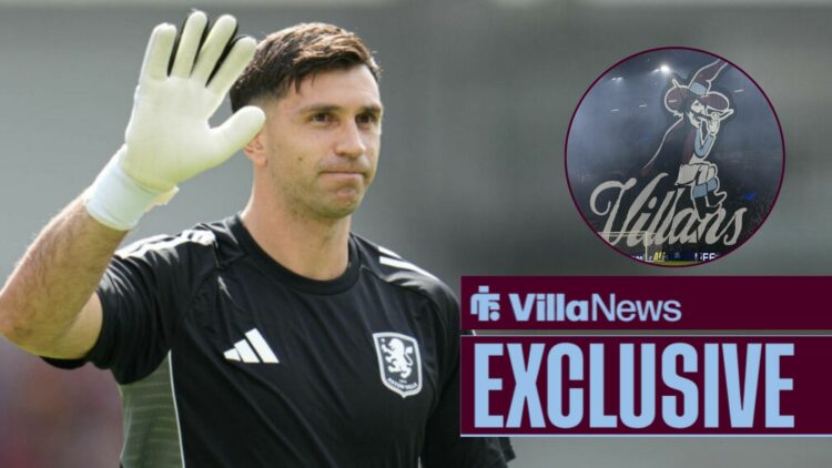 Emi Martinez warming up for Aston Villa waving towards the Villan tifo at Villa Park