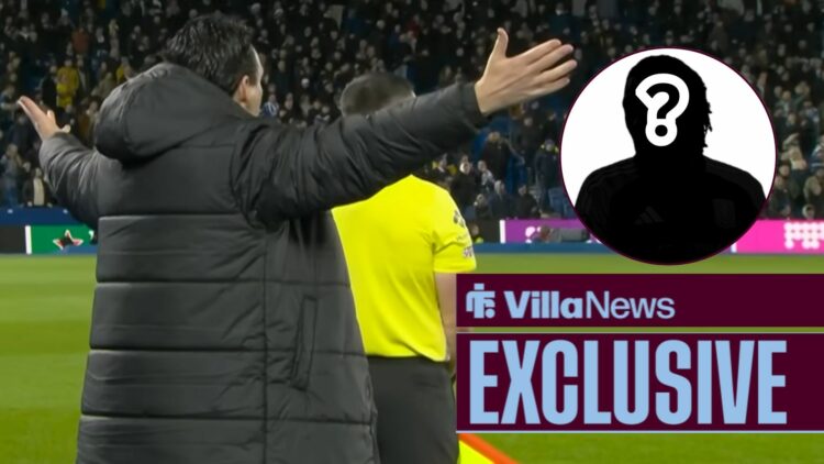 Unai Emery holding his arms out annoyed looking towards a circle inset of Evann Guessand blanked out