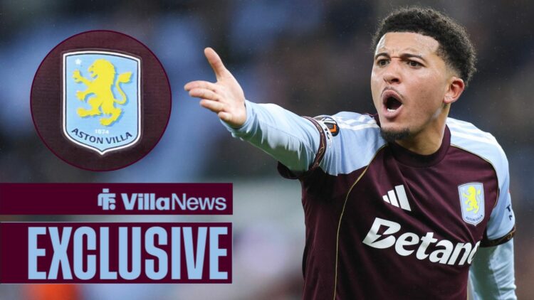 Jadon Sancho looking annoyed pointing his hand at Aston Villa looking towards a circle inset of the Aston Villa badge