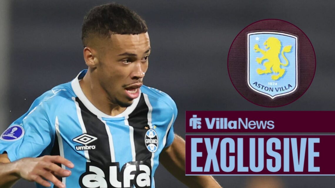 Alysson playing for Gremio looking towards an Aston Villa badge