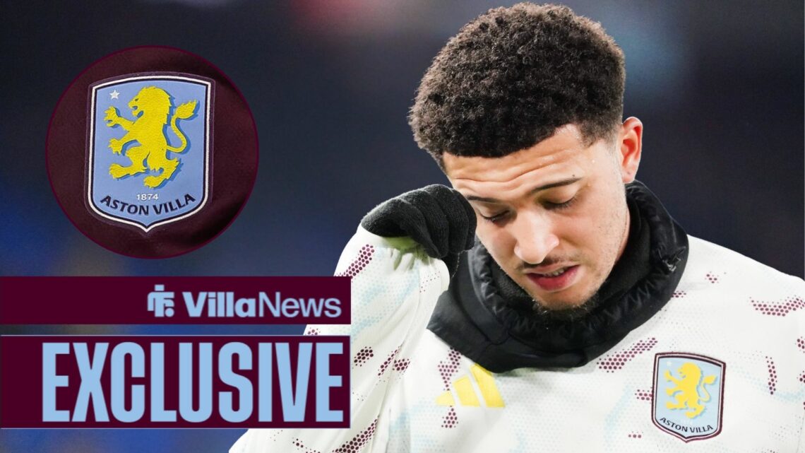 Jadon Sancho looking annoyed in Aston Villa training gear next to a circle inset of the Aston Villa badge