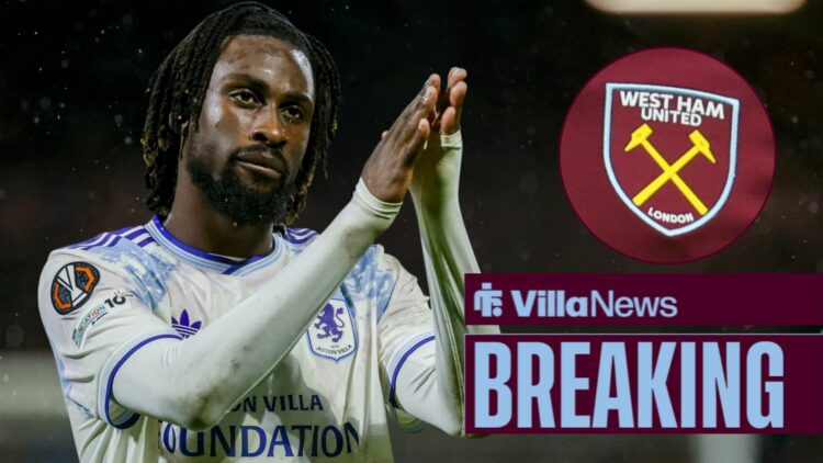 Evann Guessand clapping while playing for Aston Villa looking towards a circle inset of the West Ham badge