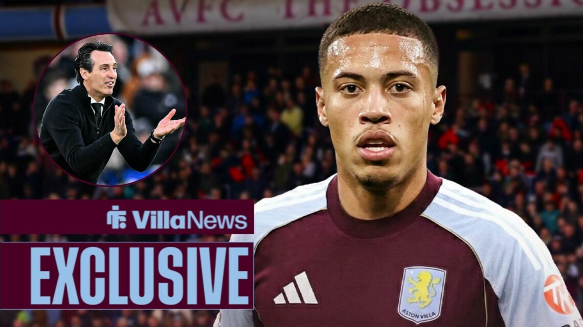 Alysson in an Aston Villa shirt looking towards Unai Emery in clapping in a circle inset