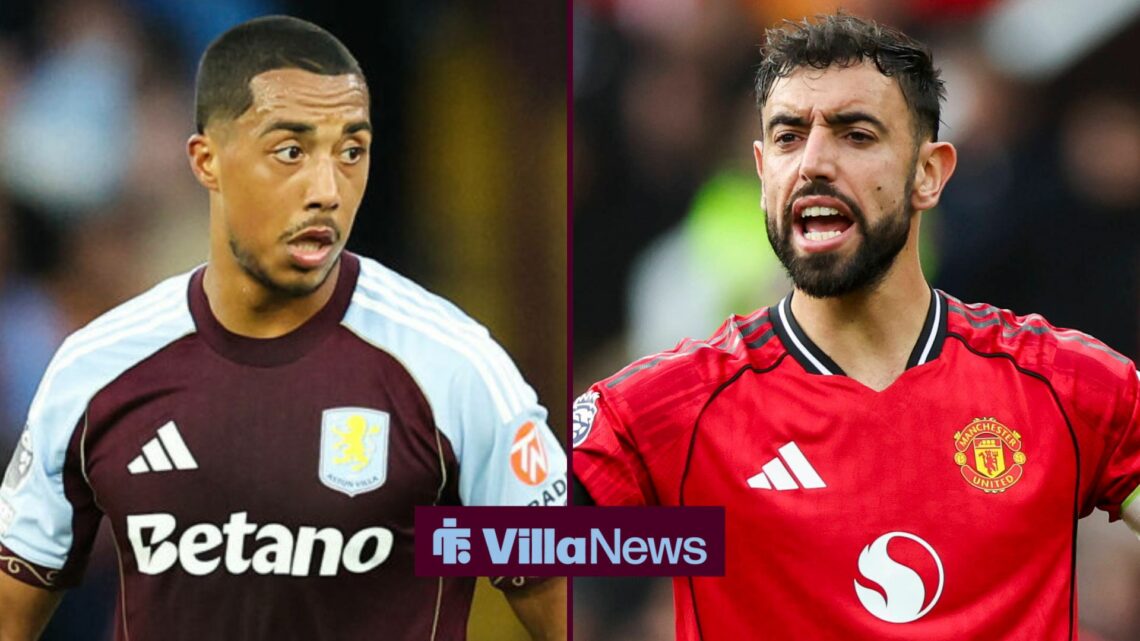 Youri Tielemans playing for Aston Villa looking towards a circle inset of Bruno Fernandes playing for Manchester United
