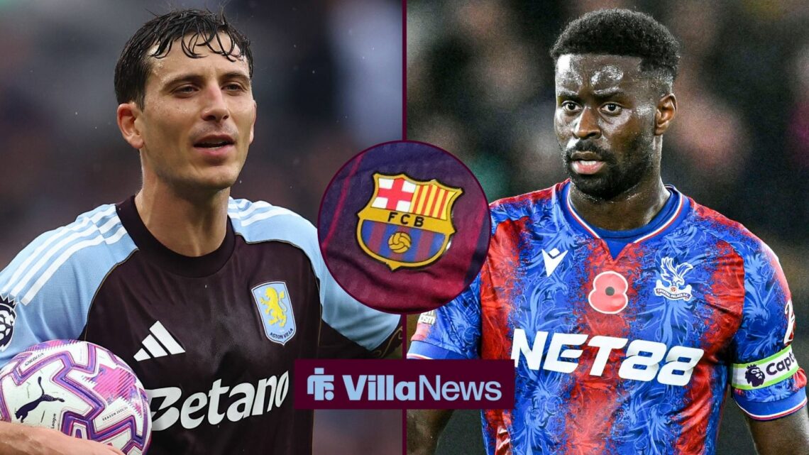 Pau Torres and Marc Guehi with Barcelona badge in circular inset.