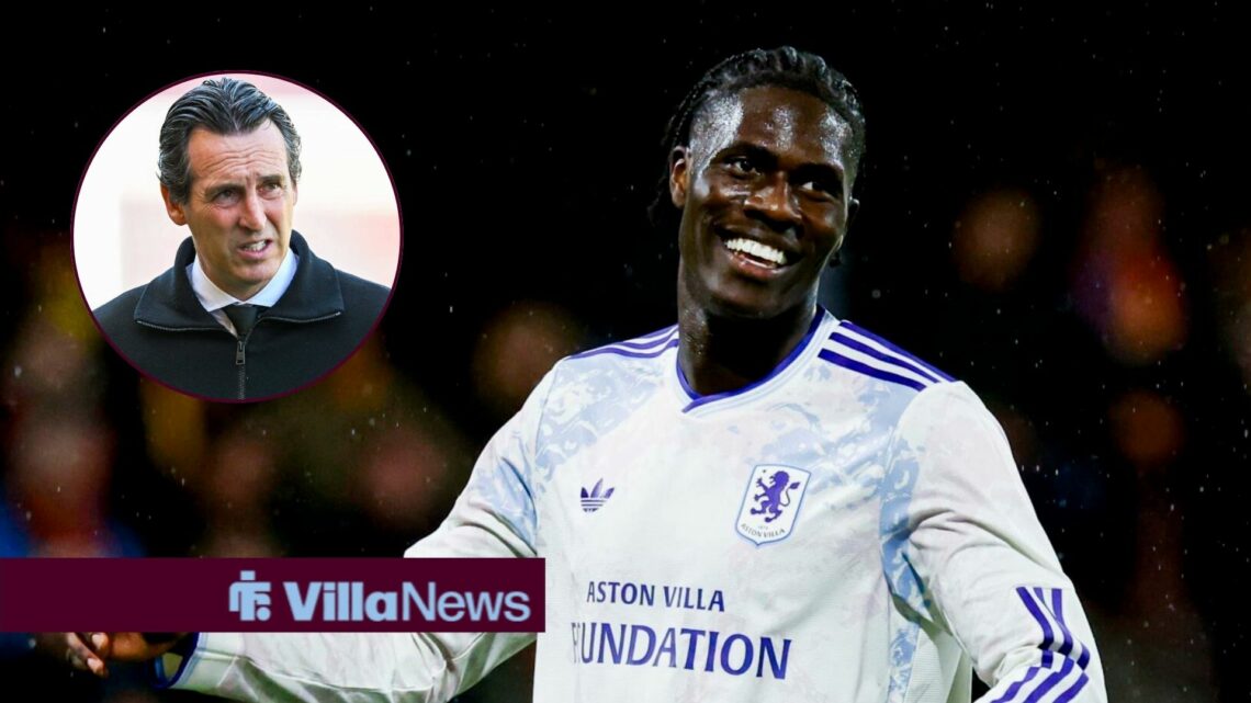 Aston Villa star Amadou Onana in action, Unai Emery in inset.