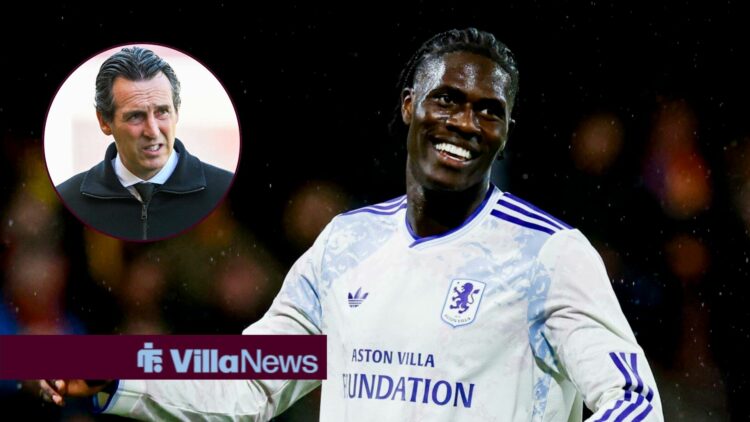 Aston Villa star Amadou Onana in action, Unai Emery in inset.