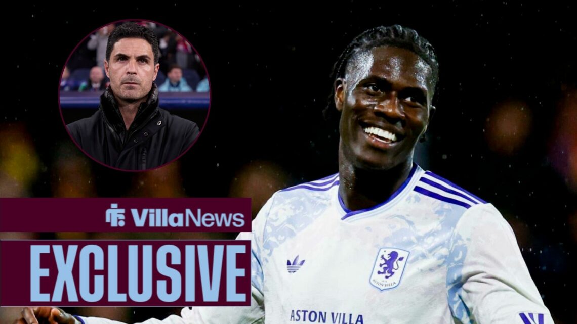 Aston Villa star Amadou Onana smiling, Mikel Arteta in inset.
