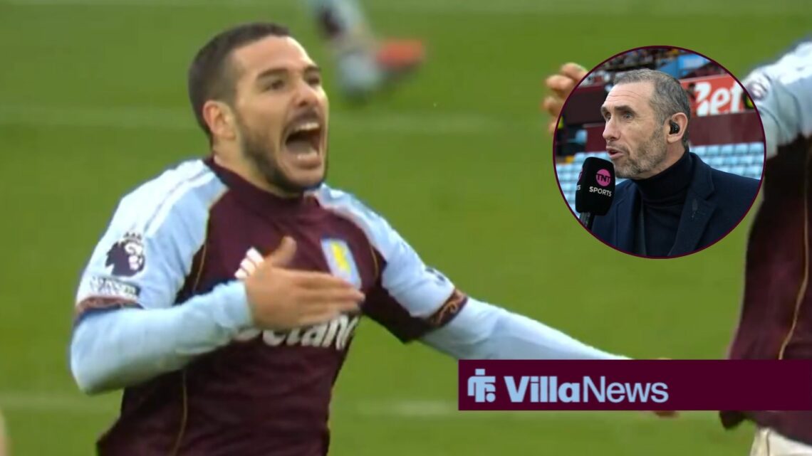 Emi Buendia celebrates scoring for Aston Villa as Martin Keown pundits in a round overlay