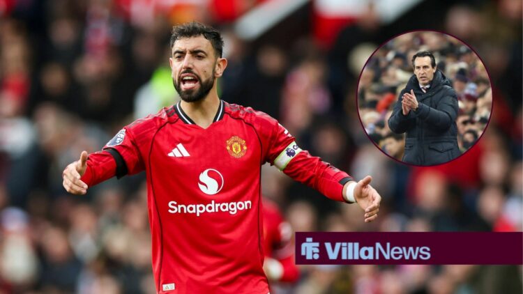 Man United star Bruno Fernandes with Aston Villa boss Unai Emery inset