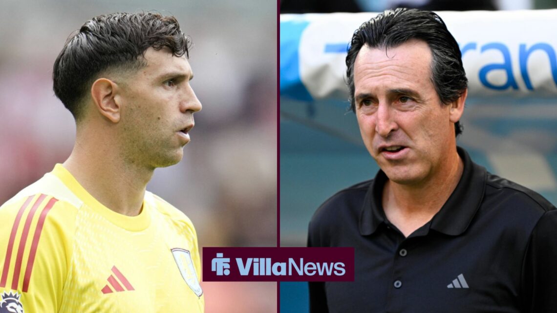 Emi Martinez looks towards Unai Emery in a split image