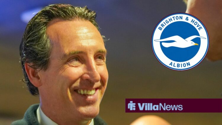 Unai Emery smiling at Brighton badge in circular inset