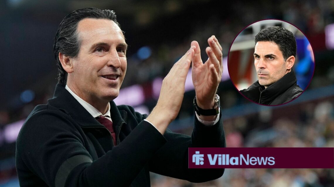 Unai Emery smiling in the direction of Mikel Arteta.