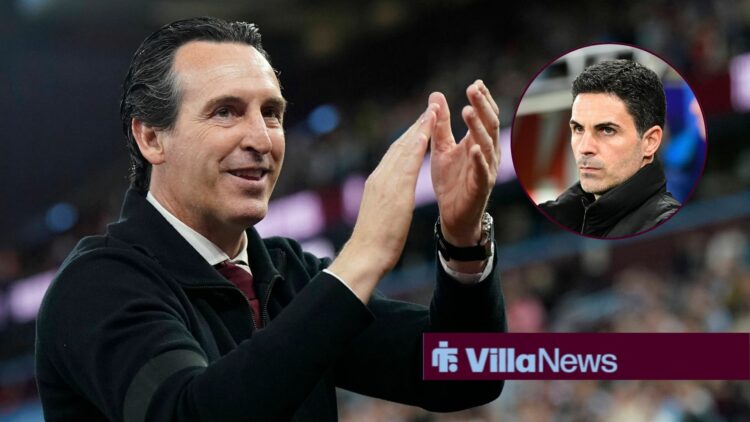 Unai Emery smiling in the direction of Mikel Arteta.