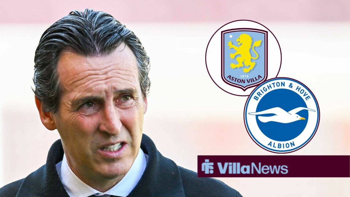 Unai Emery looking at Brighton and Aston Villa badges in circular insets