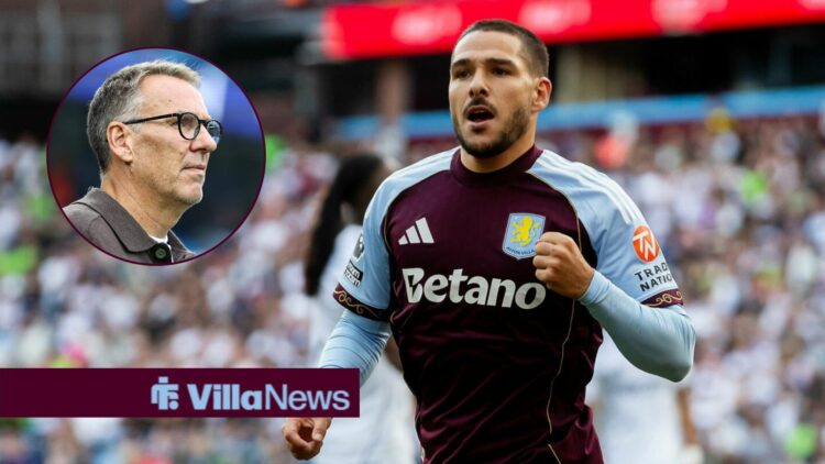 Aston Villa star Emi Buendia celebrating, Paul Merson in inset.