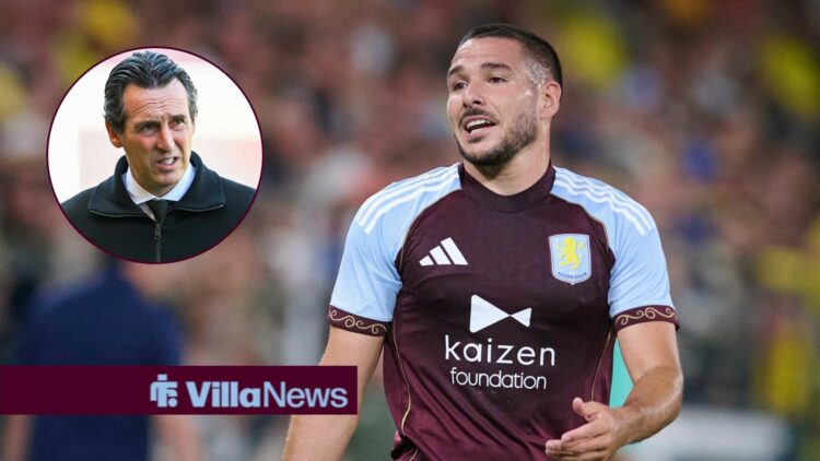 Aston Villa star Emi Buendia angry, Unai Emery in inset.