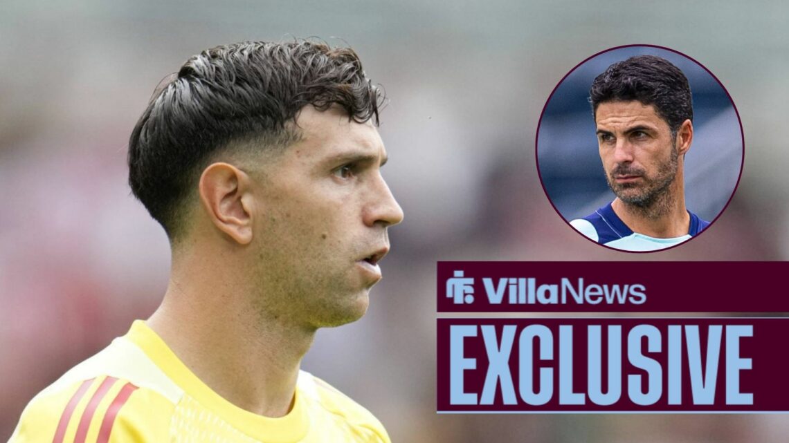 Aston Villa star Emi Martinez looking annoyed, Mikel Arteta in inset.
