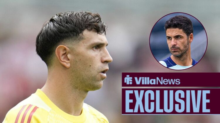 Aston Villa star Emi Martinez looking annoyed, Mikel Arteta in inset.