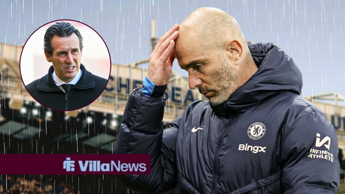 Chelsea boss Enzo Maresca looking sad, Aston Villa boss Unai Emery concerned in inset.