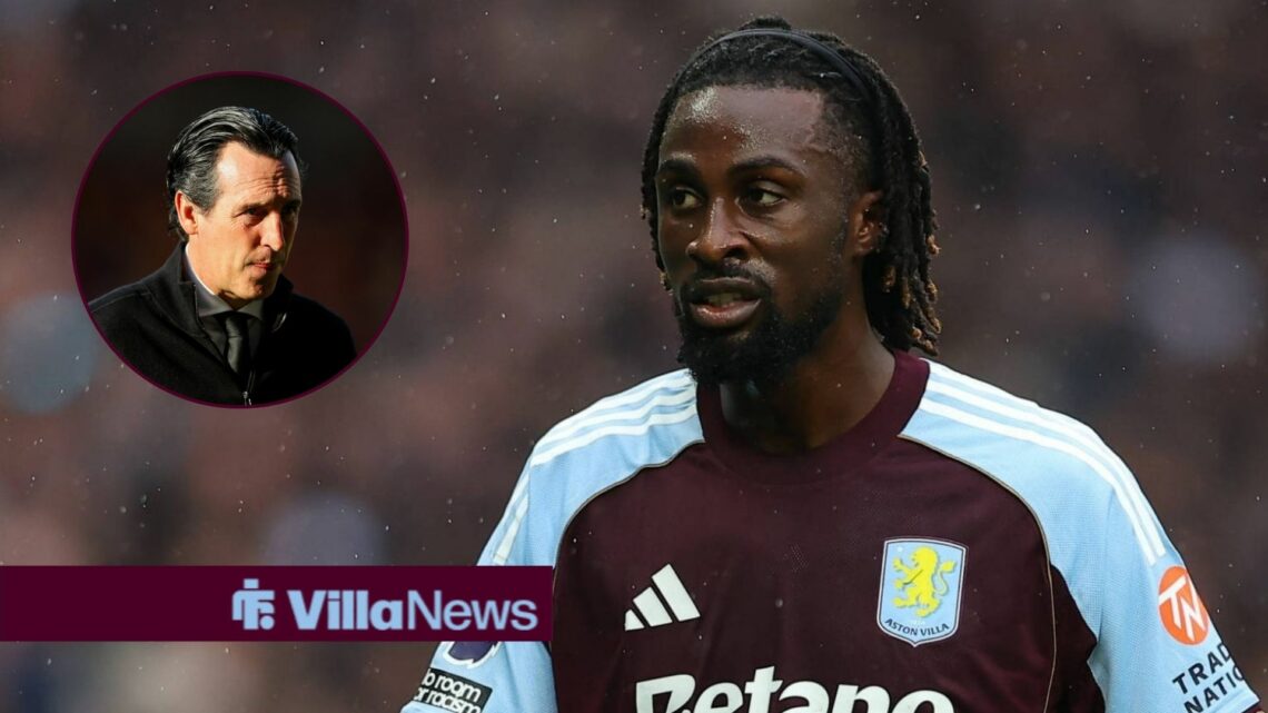 Aston Villa star Evann Guessand looking sad, Unai Emery in inset.