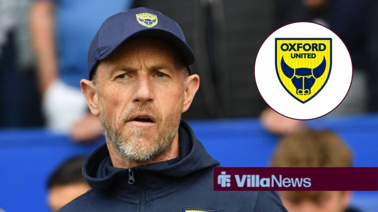 Gary Rowett looking baffled, Oxford United badge in inset.
