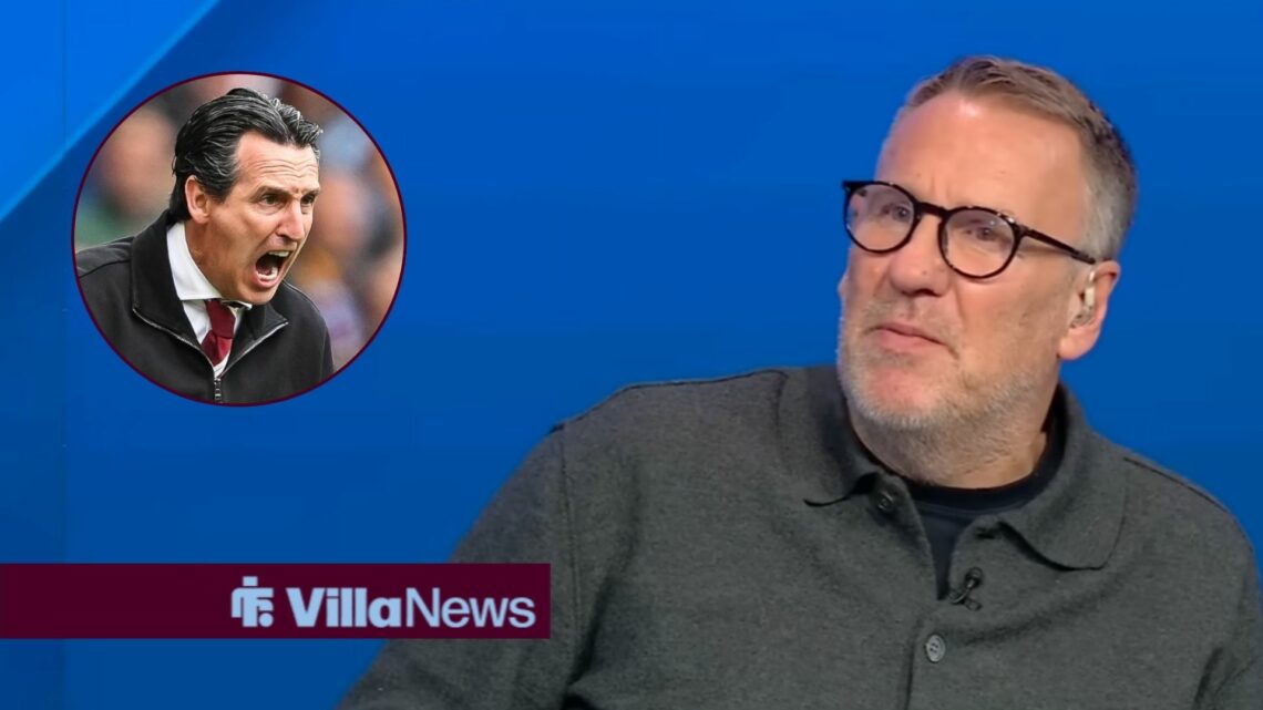 Paul Merson looking towards a circular frame of Unai Emery shouting