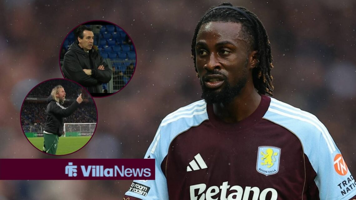 Evann Guessand looks at Unai Emery and a shouting Austin MacPhee in round overlays