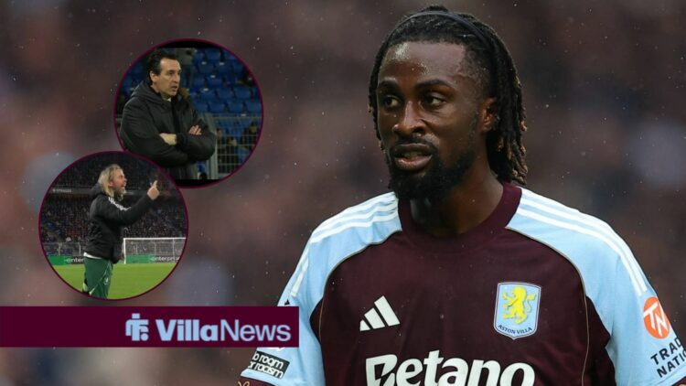 Evann Guessand looks at Unai Emery and a shouting Austin MacPhee in round overlays