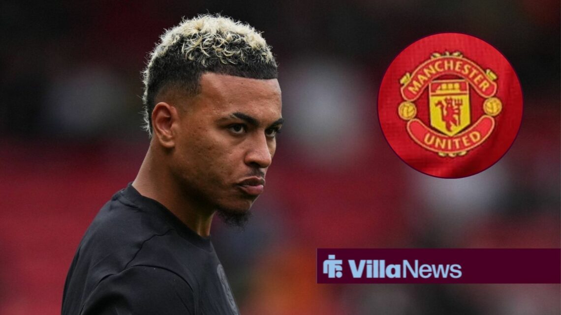 Aston Villa star Morgan Rogers looking moody, Manchester United badge in inset.