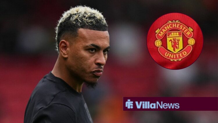 Aston Villa star Morgan Rogers looking moody, Manchester United badge in inset.