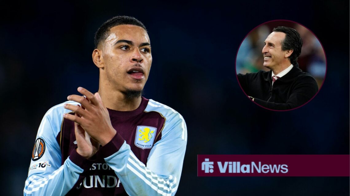 Aston Villa star Morgan Rogers clapping, Unai Emery in inset.