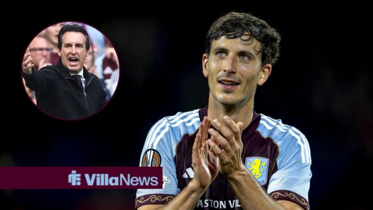 Pau Torres claps for Aston Villa and Uni Emery shouts and points in a round overlay