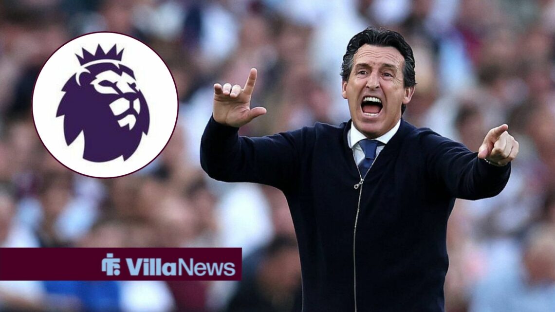 Aston Villa boss Unai Emery furious, Premier League badge in inset.