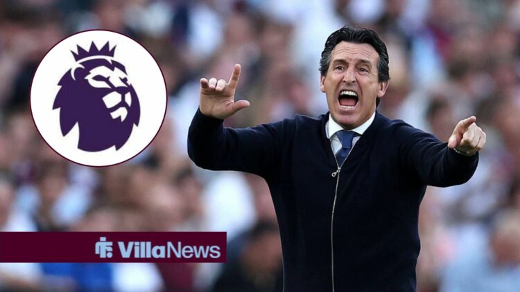 Aston Villa boss Unai Emery furious, Premier League badge in inset.