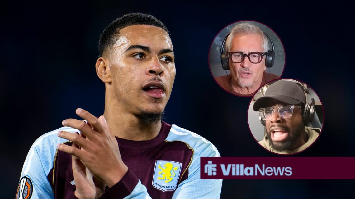 Aston Villa midfielder Morgan Rogers with Gary Lineker and Micah Richards in circular insets