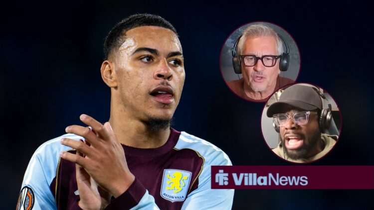 Aston Villa midfielder Morgan Rogers with Gary Lineker and Micah Richards in circular insets