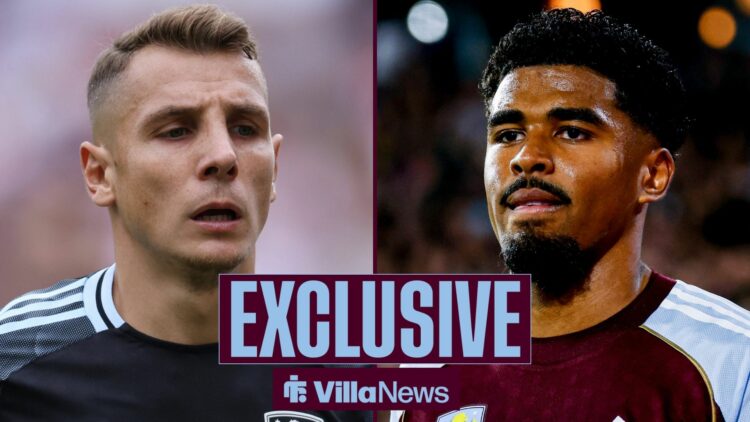 Lucas Digne in action for Aston Villa and Ian Maatsen in split image