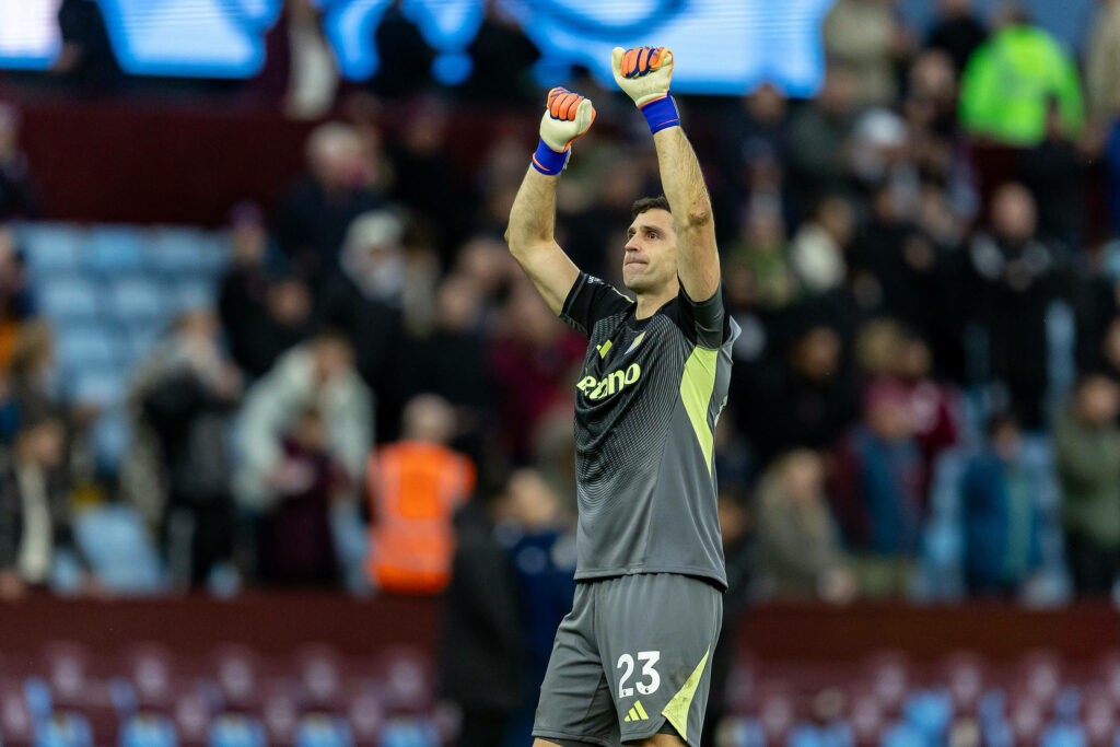 Emi Martinez celebrating for Aston Villa at Villa Park