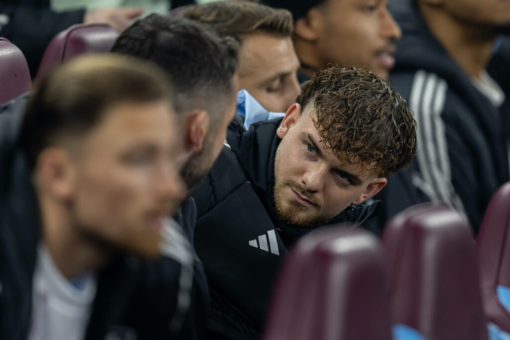 Harvey Elliott sitting on the bench for Aston Villa