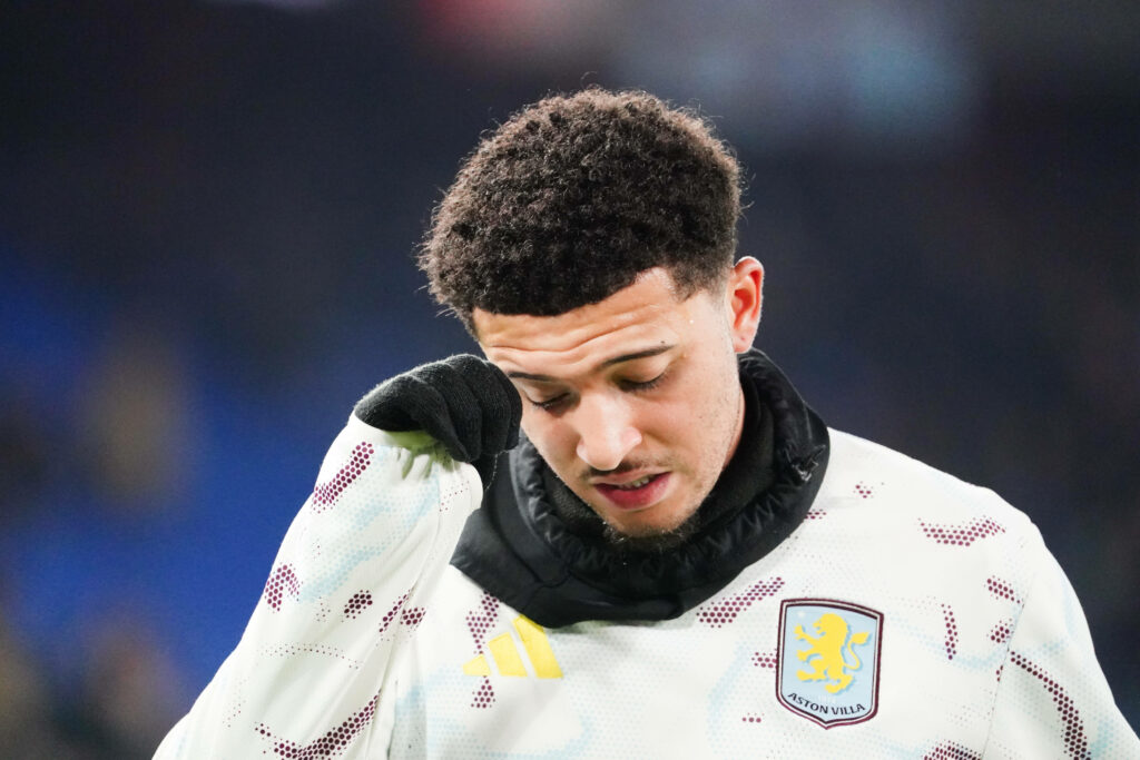Jadon Sancho looking annoyed in Aston Villa training gear