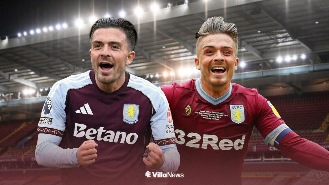 Jack Grealish in an Aston Villa shirt at Villa Park alongside Jack Grealish celebrating for Aston Villa in 2019