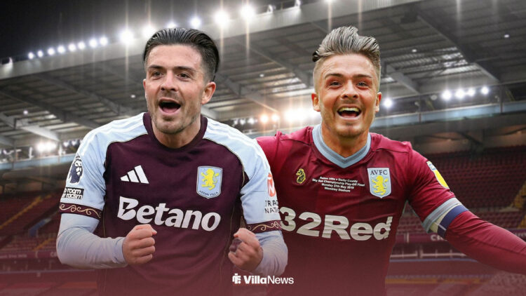 Jack Grealish in an Aston Villa shirt at Villa Park alongside Jack Grealish celebrating for Aston Villa in 2019