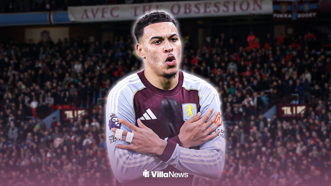 Morgan Rogers celebrating for Aston Villa at Villa Park