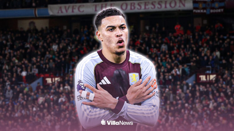 Morgan Rogers celebrating for Aston Villa at Villa Park