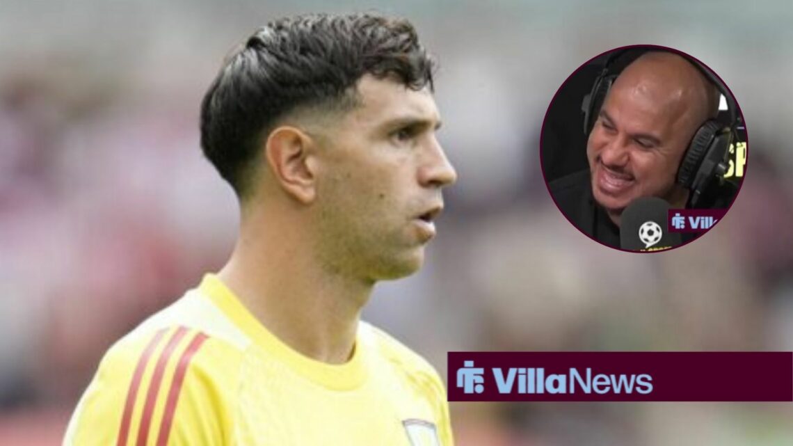 Emi Martinez in action for Aston Villa, with Gabby Agbonlahor in a circular frame inset