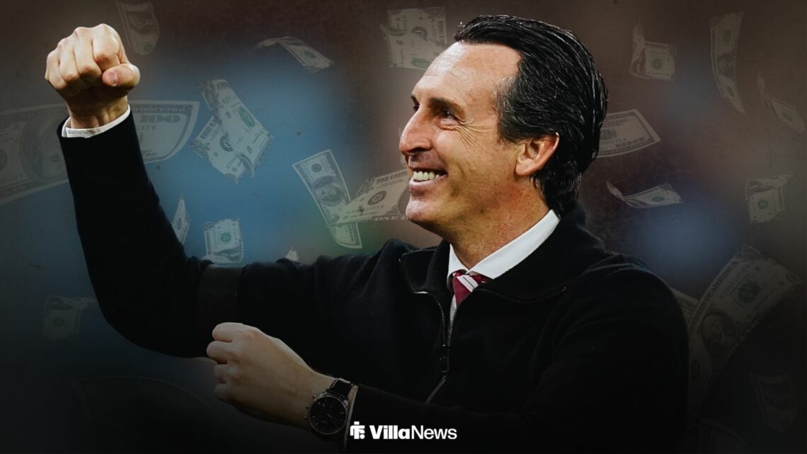 Unai Emery celebrating for Aston Villa surrounded by falling bank notes
