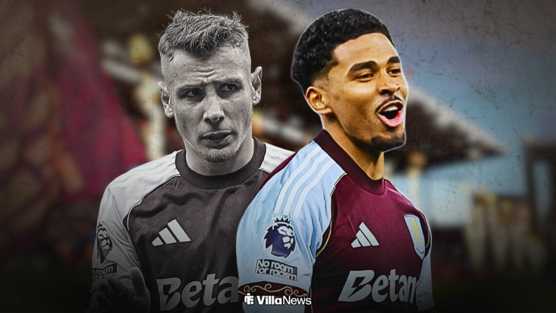 Lucas Digne looking annoyed playing for Aston Villa looking towards Ian Maatsen celebrating for Aston Villa