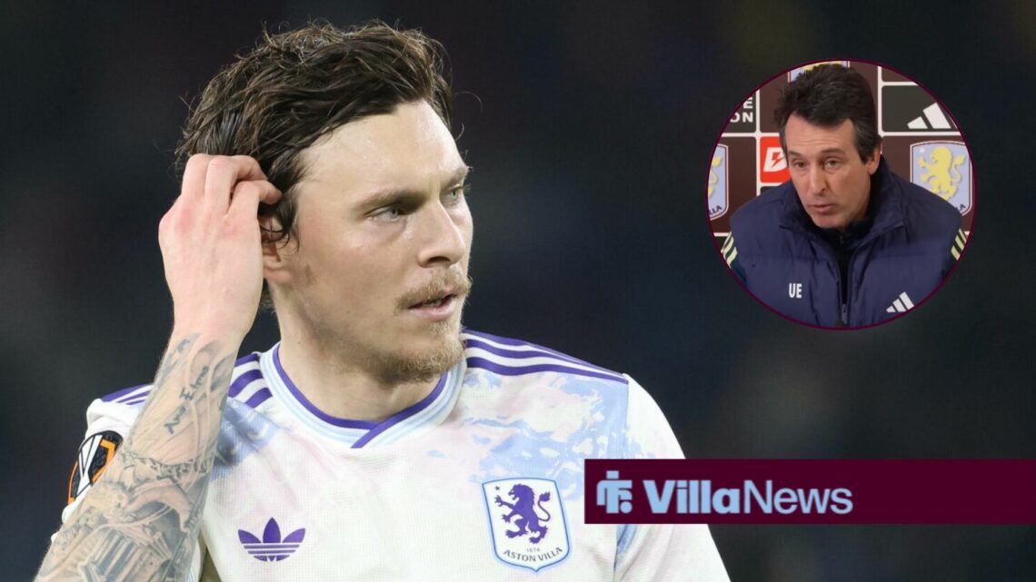 Victor Lindelof looking annoyed towards a circle inset of Unai Emery speaking in an Aston Villa press conference